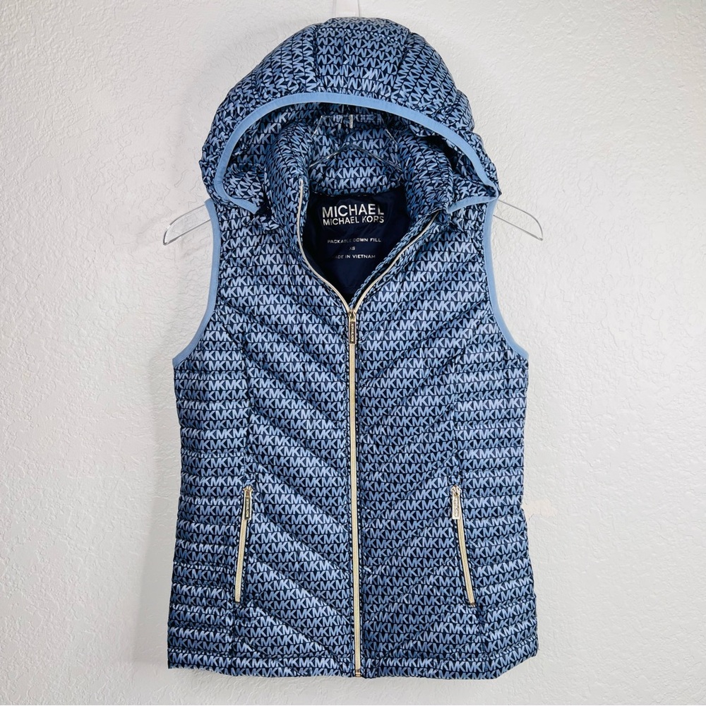 Michael Kors Navy/Blue Packable Down Fill Hood Quilted Puffer Vest - Picture 12 of 16
